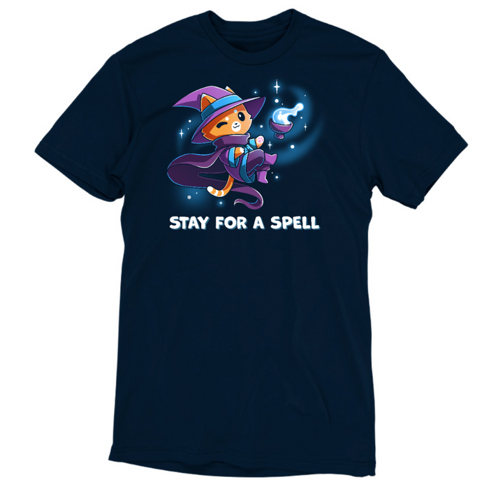 Premium Cotton T-shirt_TeeTurtle navy Stay For A Spell Premium Cotton T-shirt featuring an orange cat dressed as a witch, floating in space with a cauldron floating nearby. The cat is winking and the text at the bottom reads "Stay For A Spell"