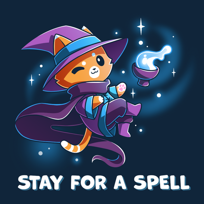 Classic Cotton T-shirt_TeeTurtle navy Stay For A Spell Classic Cotton T-shirt featuring an orange cat dressed as a witch, floating in space with a cauldron floating nearby. The cat is winking and the text at the bottom reads "Stay For A Spell"