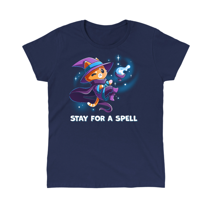 Classic Cotton T-shirt_TeeTurtle navy Stay For A Spell Classic Cotton T-shirt featuring an orange cat dressed as a witch, floating in space with a cauldron floating nearby. The cat is winking and the text at the bottom reads "Stay For A Spell"