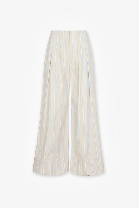 HEVRON Rory Cotton Poplin Wide-Leg Pant in Beige Stripe, product front view