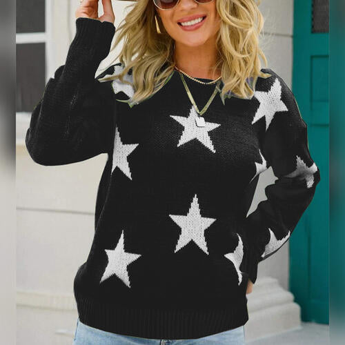 Star Pattern Round Neck Sweater - Madikfashions.com
