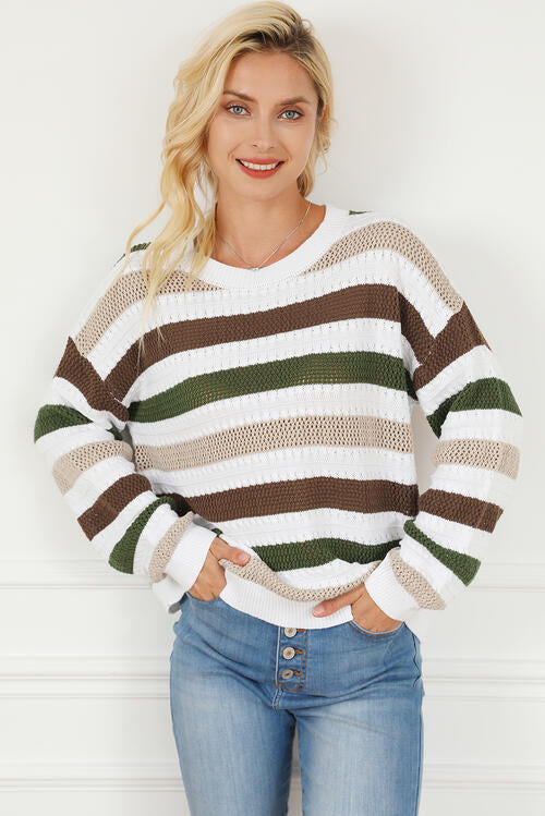 Striped Openwork Dropped Shoulder Sweater - Madikfashions.com