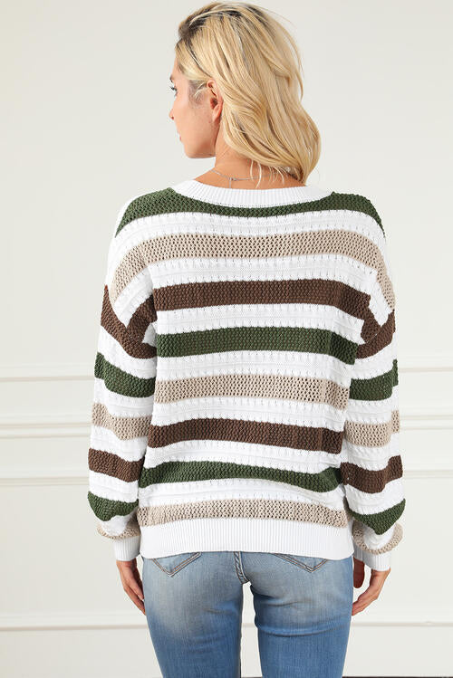 Striped Openwork Dropped Shoulder Sweater - Madikfashions.com