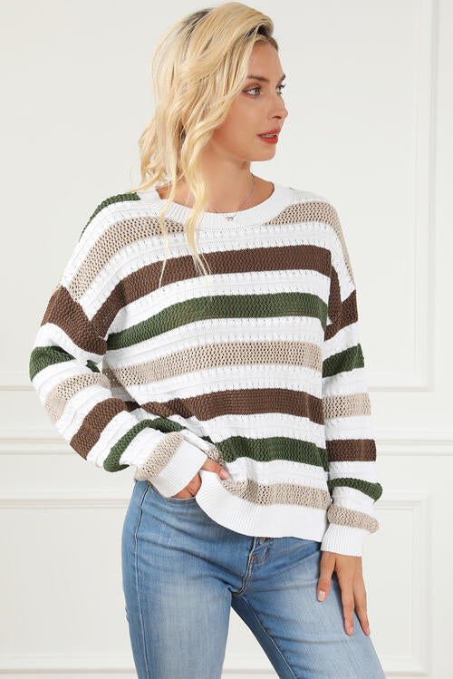 Striped Openwork Dropped Shoulder Sweater - Madikfashions.com