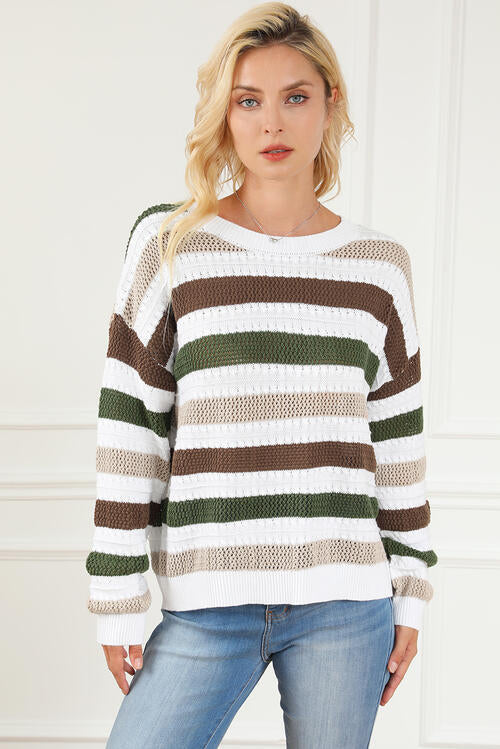 Striped Openwork Dropped Shoulder Sweater - Madikfashions.com