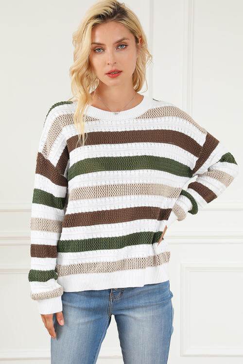 Striped Openwork Dropped Shoulder Sweater - Madikfashions.com