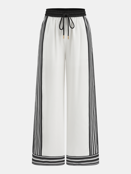 Striped Trim Drawstring Wide-Leg Pants