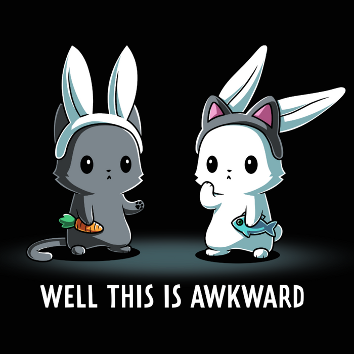 Classic Cotton T-shirt_TeeTurtle black Well This Is Awkward Classic Cotton T-shirt featuring a a cat in bunny ears holding a carrot and a bunny in cat ears holding a piece of fish. Both look unsettled. Text at the bottom reads "Well This Is Awkward"