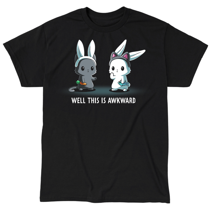 Classic Cotton T-shirt_TeeTurtle black Well This Is Awkward Classic Cotton T-shirt featuring a a cat in bunny ears holding a carrot and a bunny in cat ears holding a piece of fish. Both look unsettled. Text at the bottom reads "Well This Is Awkward"