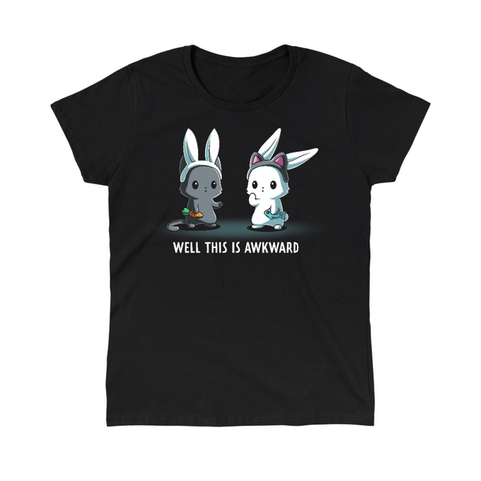 Classic Cotton T-shirt_TeeTurtle black Well This Is Awkward Classic Cotton T-shirt featuring a a cat in bunny ears holding a carrot and a bunny in cat ears holding a piece of fish. Both look unsettled. Text at the bottom reads "Well This Is Awkward"