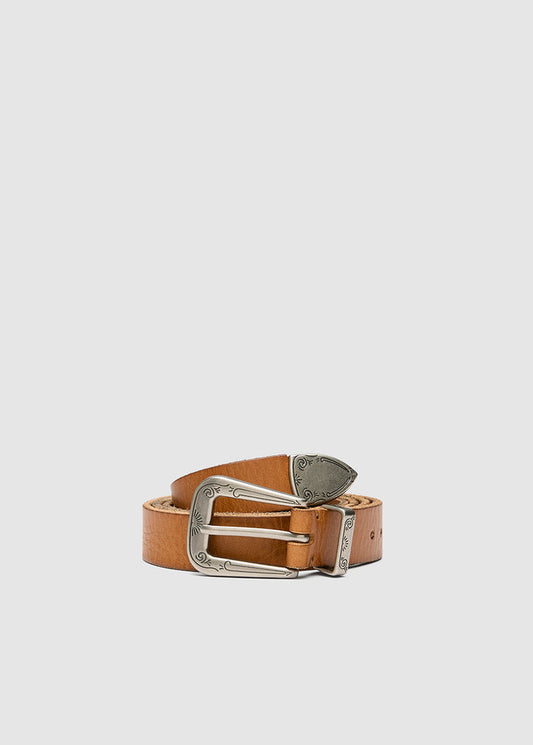 WESTERN ENGRAVED LEATHER BELT IN BEIGE